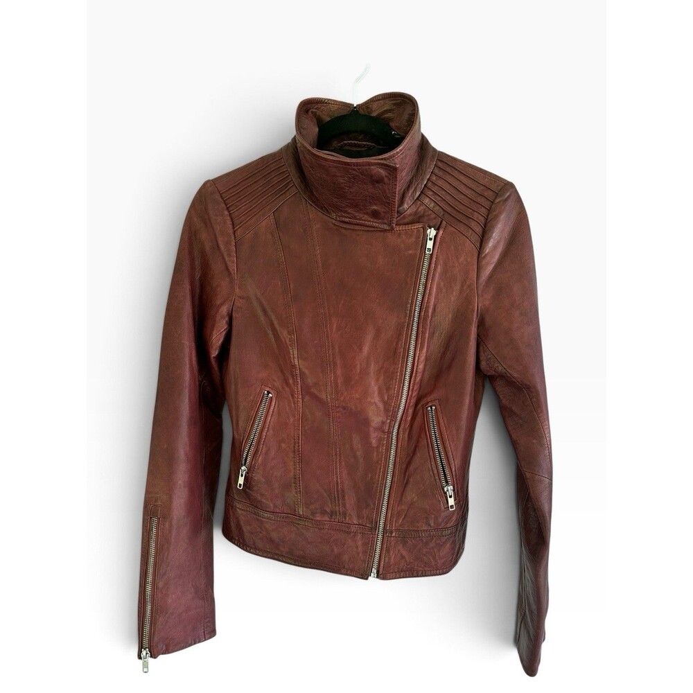 Mackage for Aritzia "Kenya" Leather Moto Jacket XS Burgundy